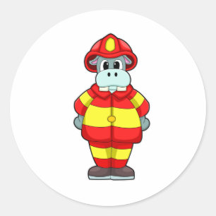 Hippo als brandweerman op brandafdeling met Pet Ronde Sticker
