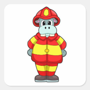 Hippo als brandweerman op brandafdeling met Pet Vierkante Sticker