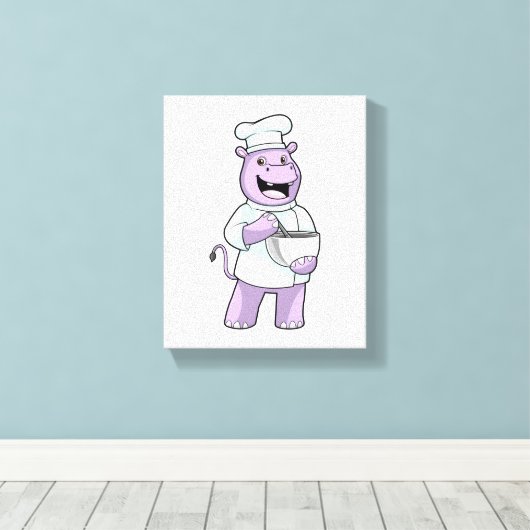 Hippo als Chef met Bowl Canvas Afdruk (Insitu (Houten vloer))