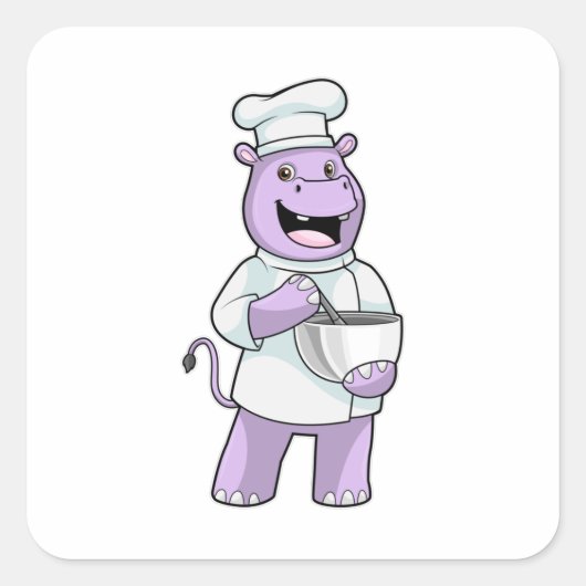 Hippo als Chef met Bowl Vierkante Sticker (Voorkant)