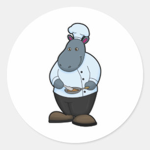 Hippo als Cook met Pan Ronde Sticker
