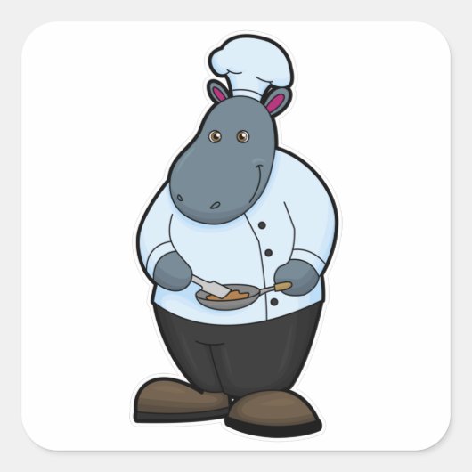 Hippo als Cook met Pan Vierkante Sticker (Voorkant)