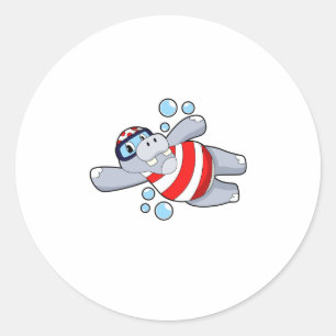Hippo als duiker met zwembril ronde sticker