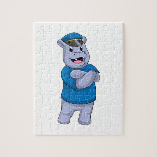 Hippo als politieagent met pet van politie legpuzzel (Verticaal)