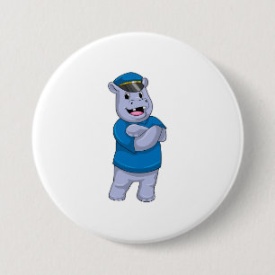 Hippo als politieagent met pet van politie ronde button 7,6 cm