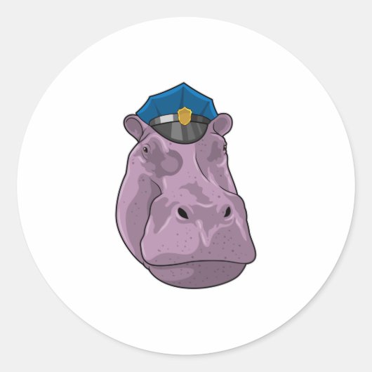 Hippo als politieagent ronde sticker (Voorkant)