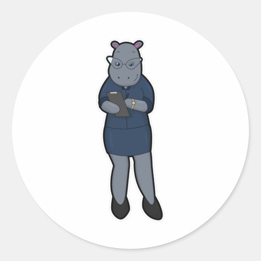 Hippo als secretaris voor notebooks en pen ronde sticker (Voorkant)