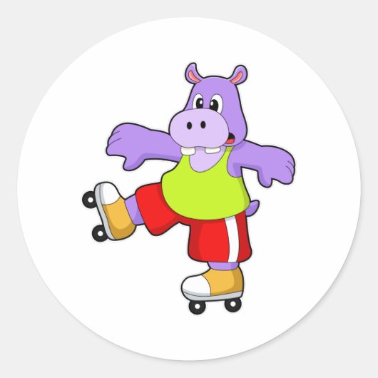 Hippo als Skater met gealigneerde schaatsen Ronde Sticker (Voorkant)