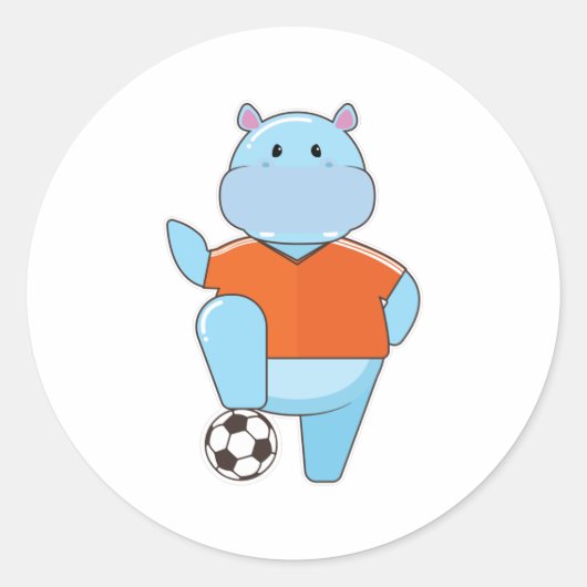 Hippo als voetbalspeler met Voetbal Ronde Sticker (Voorkant)