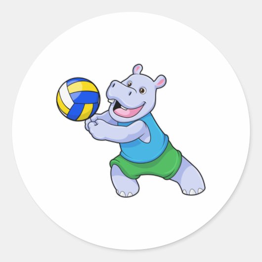 Hippo als volleybalspeler met volleybal ronde sticker (Voorkant)
