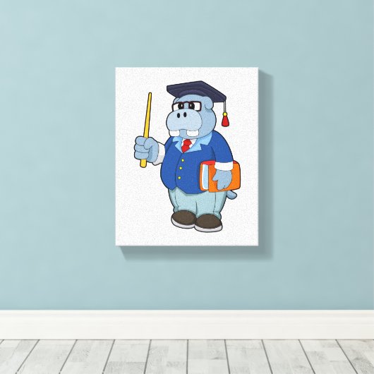 Hippo as Professor with Book Canvas Afdruk (Insitu (Houten vloer))