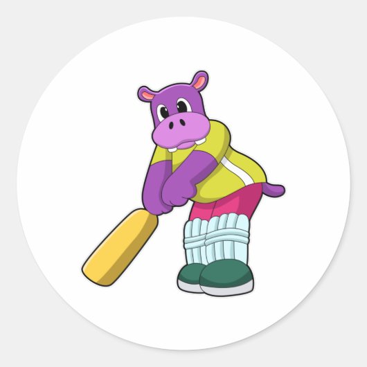 Hippo at Cricket with Cricket bat Ronde Sticker (Voorkant)