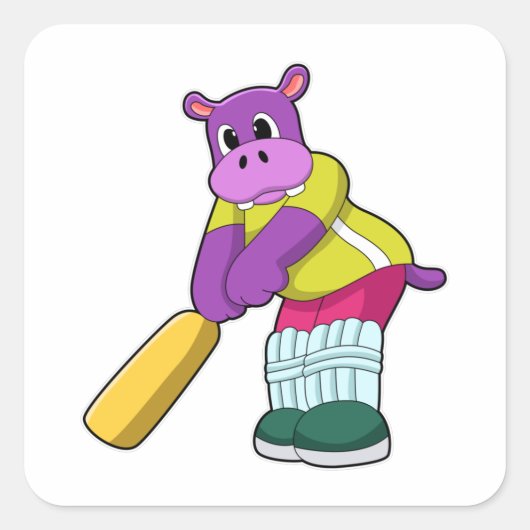 Hippo at Cricket with Cricket bat Vierkante Sticker (Voorkant)