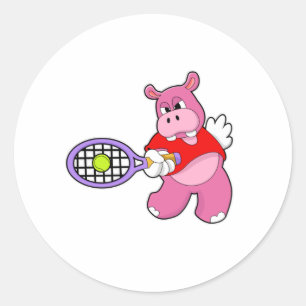 Hippo at Tennis with Tennis racket Ronde Sticker