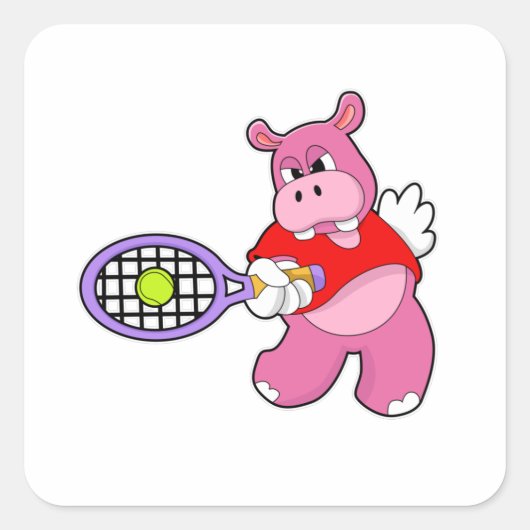 Hippo at Tennis with Tennis racket Vierkante Sticker (Voorkant)