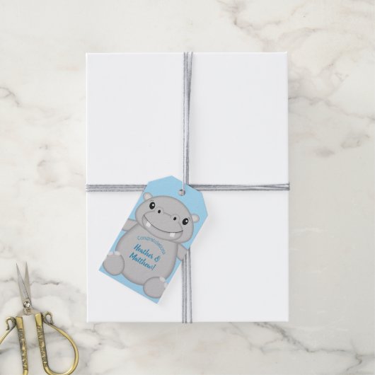 Hippo Baby shower Blue Cadeaulabel (Met Touw)