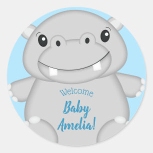 Hippo Baby shower Blue Ronde Sticker