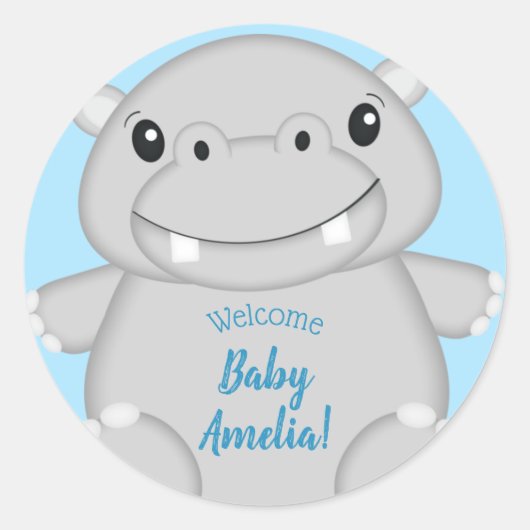 Hippo Baby shower Blue Ronde Sticker (Voorkant)
