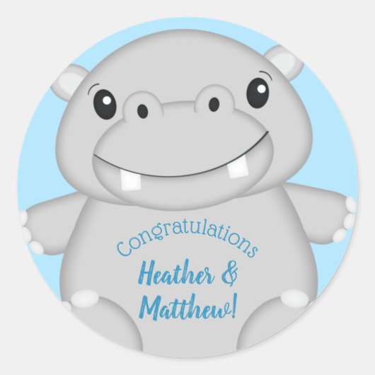 Hippo Baby shower Blue Ronde Sticker (Voorkant)
