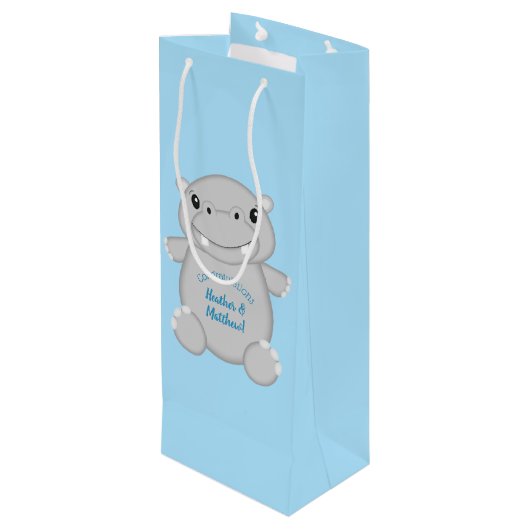 Hippo Baby shower Blue Wijn Cadeautas (Achterkant Gekanteld)