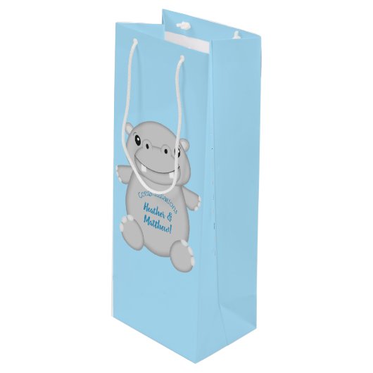 Hippo Baby shower Blue Wijn Cadeautas (Voorkant Gekanteld)