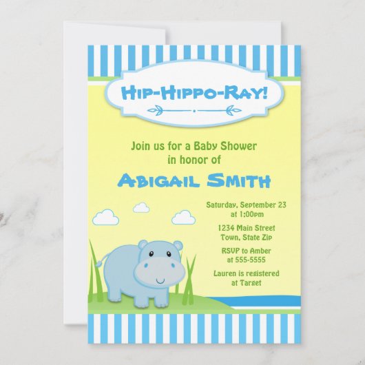 Hippo Baby shower Invitation Blue Hippo Boy Kaart (Voorkant)