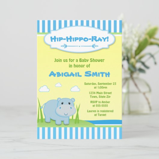 Hippo Baby shower Invitation Blue Hippo Boy Kaart (Staand voorkant)