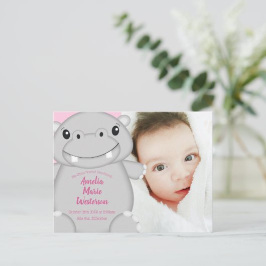 Hippo Baby shower Roze Briefkaart (Staand voorkant)