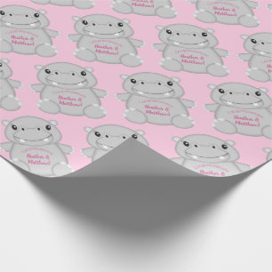 Hippo Baby shower Roze Cadeaupapier