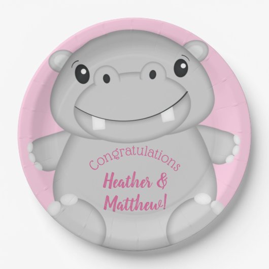 Hippo Baby shower Roze Papieren Bordje (Voorkant)