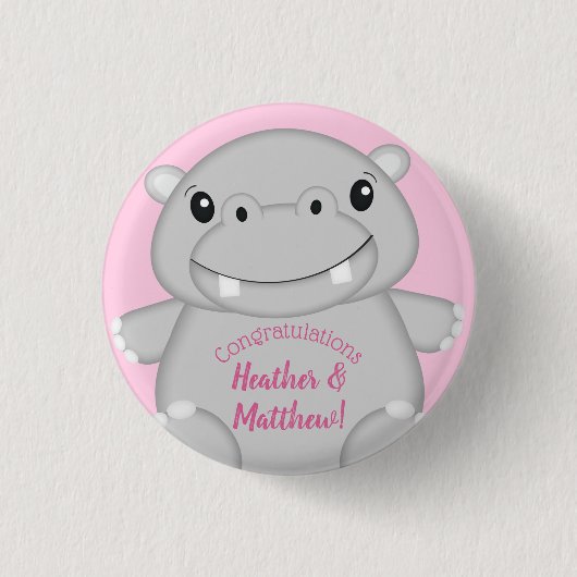Hippo Baby shower Roze Ronde Button 3,2 Cm (Voorkant)