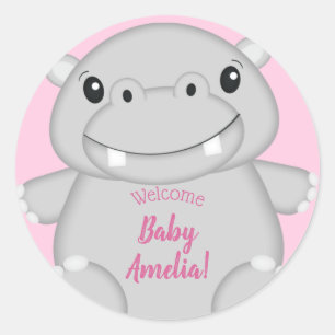Hippo Baby shower Roze Ronde Sticker