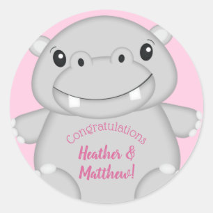 Hippo Baby shower Roze Ronde Sticker