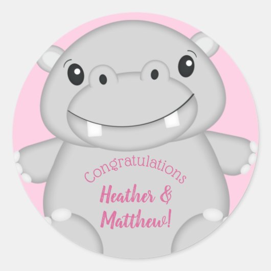 Hippo Baby shower Roze Ronde Sticker (Voorkant)