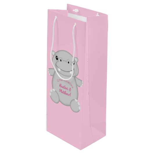 Hippo Baby shower Roze Wijn Cadeautas (Voorkant Gekanteld)