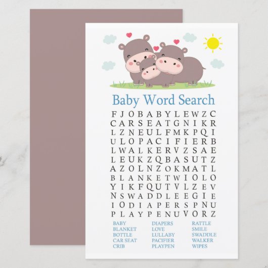 Hippo Baby shower Word Search Game (Voorkant / Achterkant)