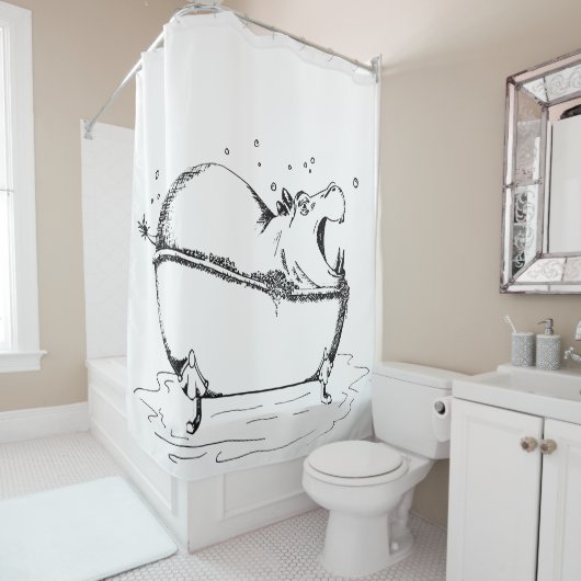 Hippo Bad Leuk Illustratie Zwart Douchegordijn (In situ)