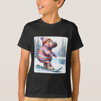 Hippo balanceert op snowboard. Snowboarden T-shirt