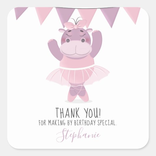 Hippo Ballerina Vierkante Sticker (Voorkant)