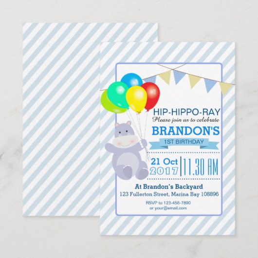 Hippo Balloons Adventure 1st Birthday Bash Kaart (Voorkant / Achterkant)