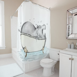 Hippo Bath Fun Illustration Waterverf Douchegordijn