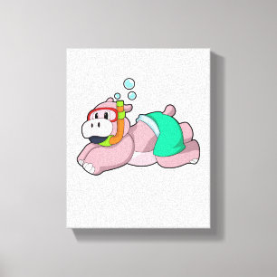 Hippo bij duiken met Snorkel Canvas Afdruk