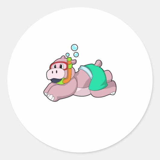 Hippo bij duiken met Snorkel Ronde Sticker (Voorkant)