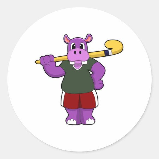 Hippo bij Hockey met Hockey bat Ronde Sticker (Voorkant)
