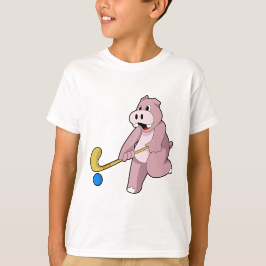 Hippo bij Hockey met Hockey bat T-shirt (Voorkant)