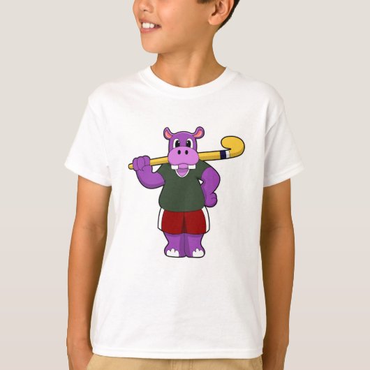 Hippo bij Hockey met Hockey bat T-shirt (Voorkant)