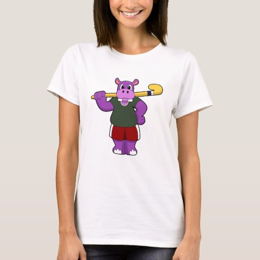 Hippo bij Hockey met Hockey bat T-shirt (Voorkant)