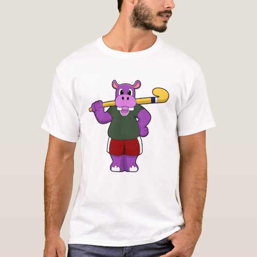 Hippo bij Hockey met Hockey bat T-shirt (Voorkant)