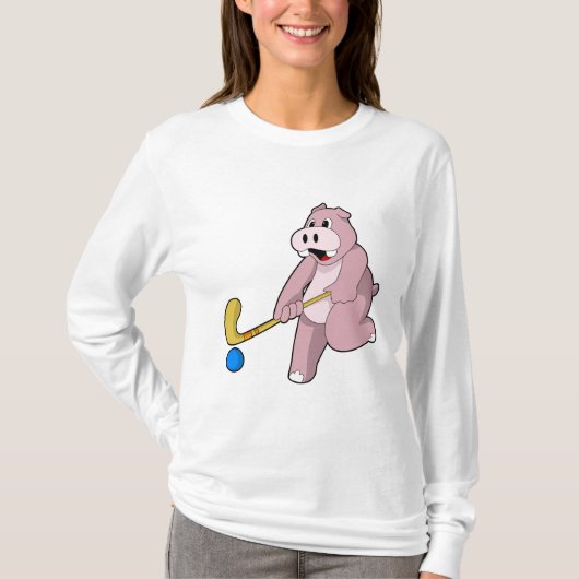 Hippo bij Hockey met Hockey bat T-shirt (Voorkant)