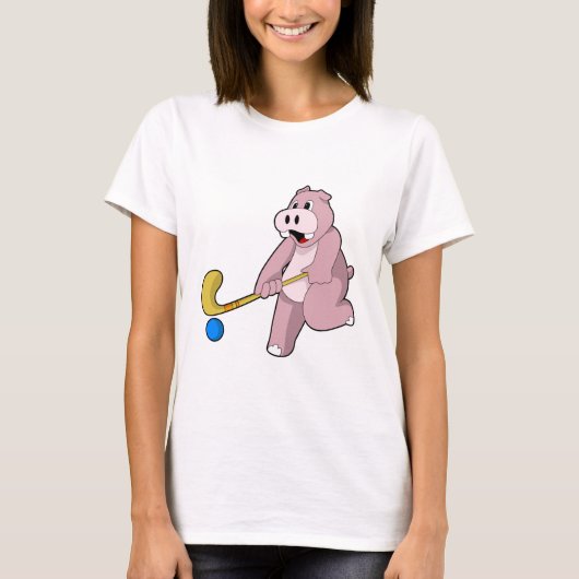 Hippo bij Hockey met Hockey bat T-shirt (Voorkant)